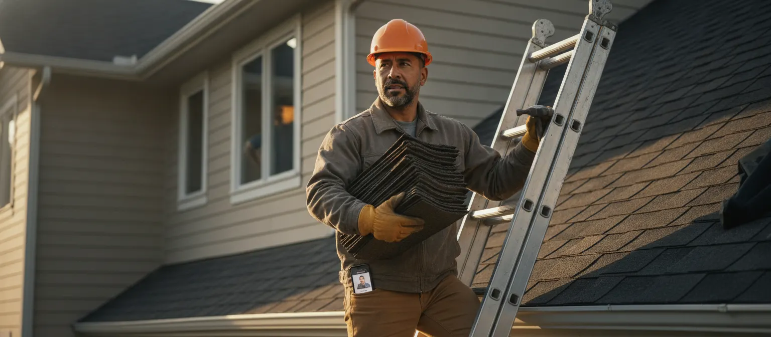 A roofing contractor on a ladder, hands full of shingles, with a missed call waiting on his phone.
