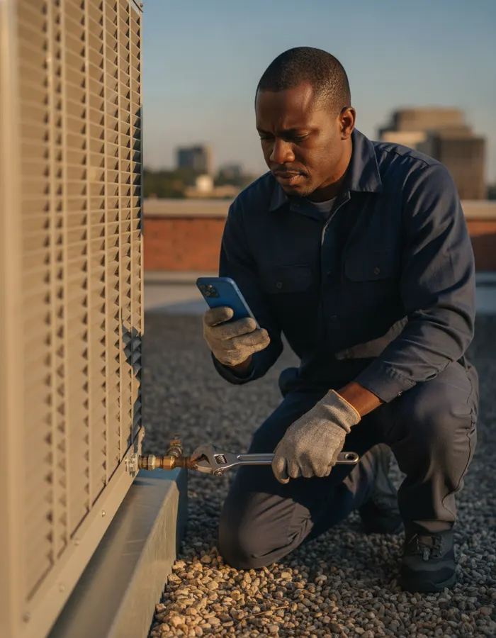 An HVAC technician kneeling beside a rooftop unit, checking a buzzing phone while his hands are full.