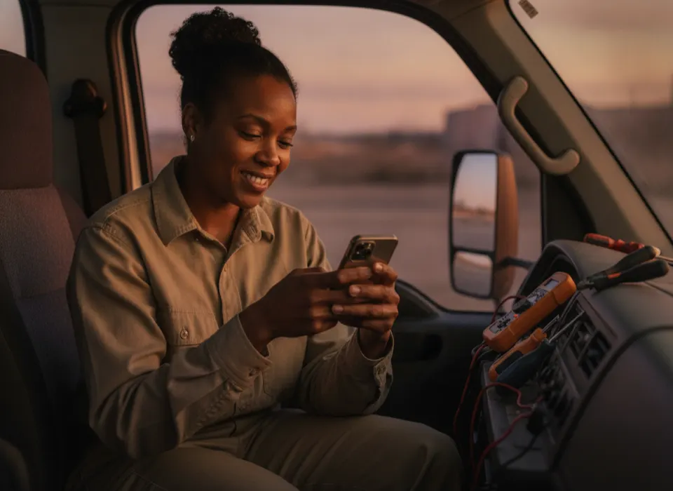An electrician in her truck at dusk reading a message and smiling.
