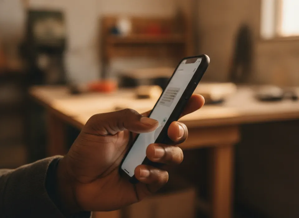A hand holding a phone showing a text conversation in a workshop.