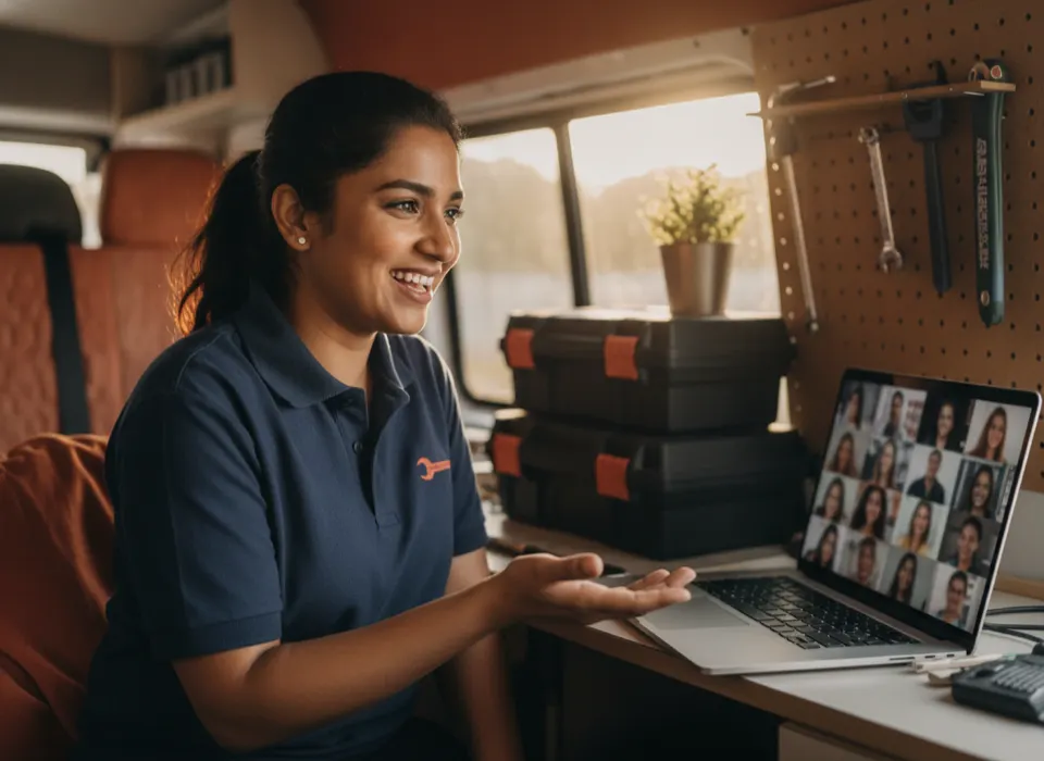 A business owner explaining her services on a short onboarding video call.