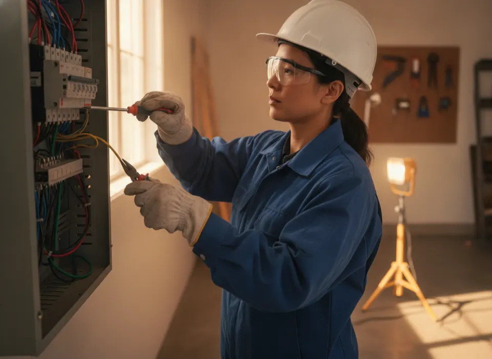 An electrician working at a residential electrical panel.