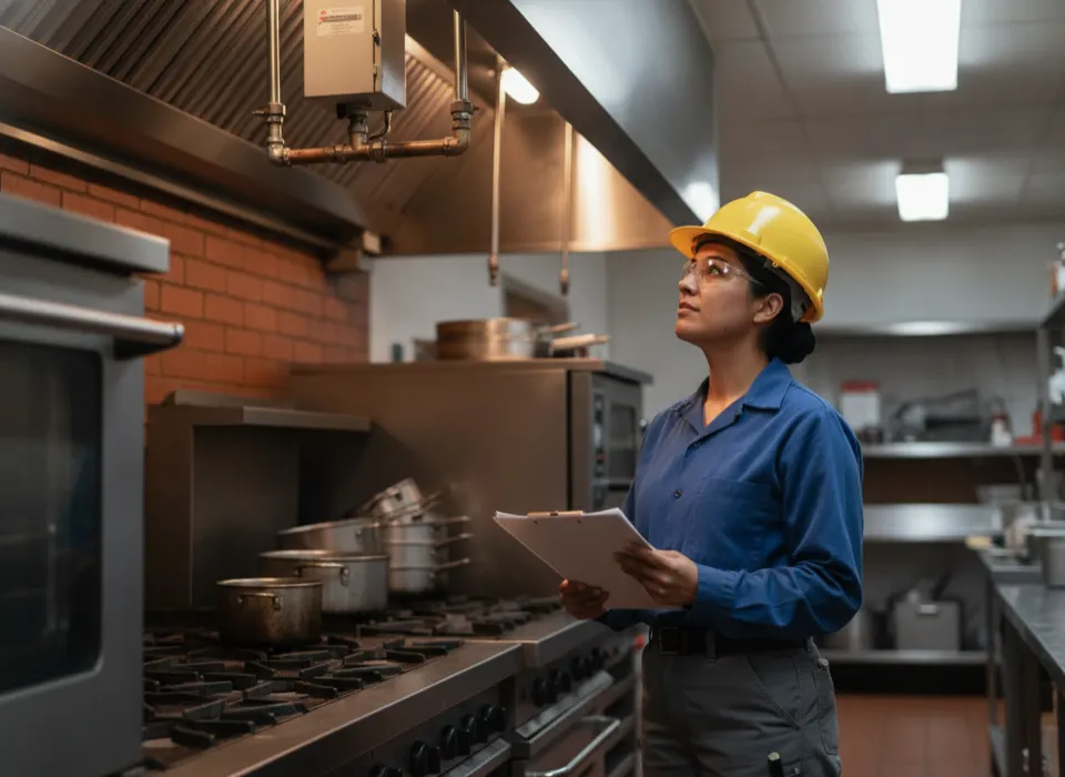 A technician with a clipboard inspecting the fire suppression hood in a commercial kitchen.