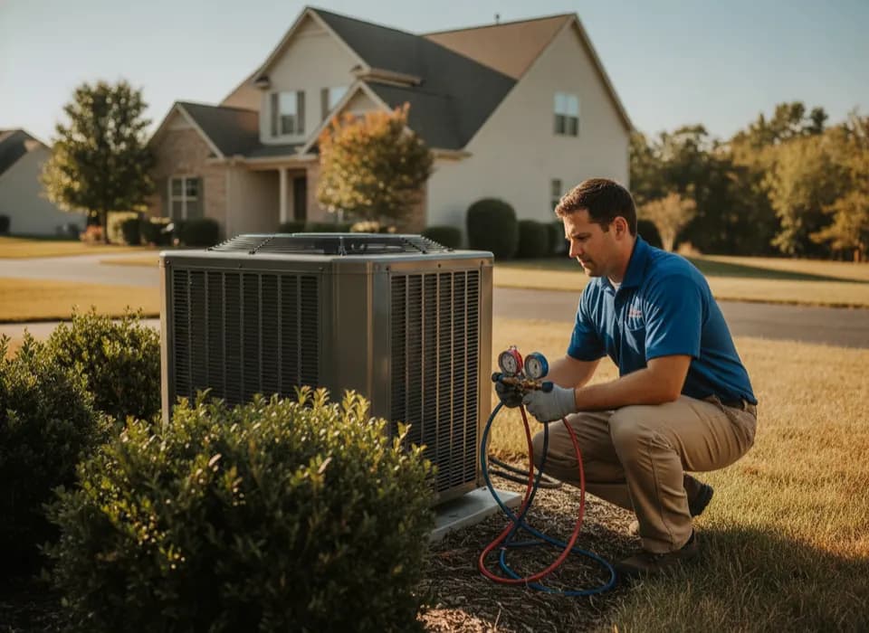 An HVAC technician servicing an outdoor condenser beside a home.
