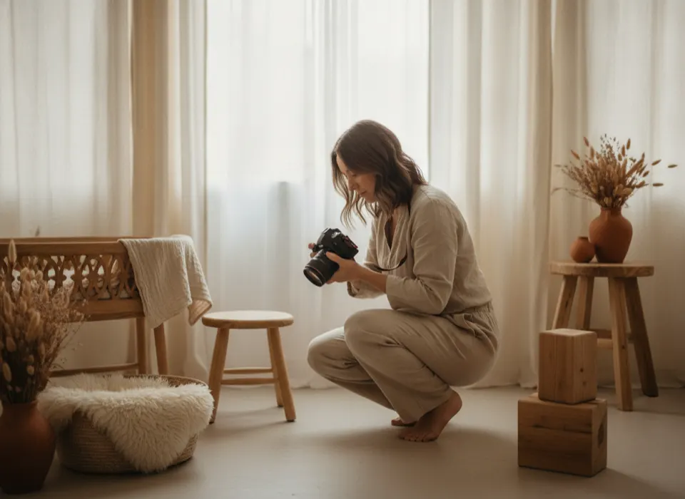 A photographer preparing a bright, soft-lit home studio.