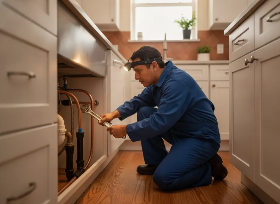 A plumber repairing pipes under a kitchen sink.